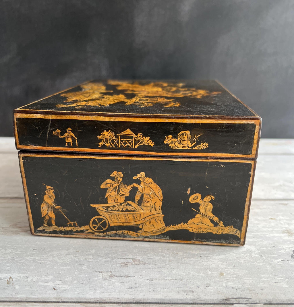 Regency Penwork Box Chinoiserie Lacquered Scene English C 1820