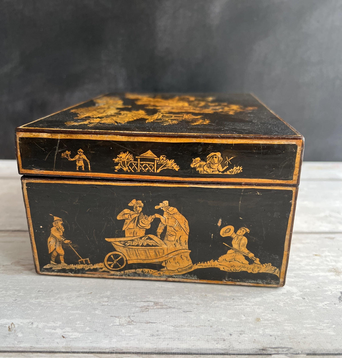 Regency Penwork Box Chinoiserie Lacquered Scene English C 1820