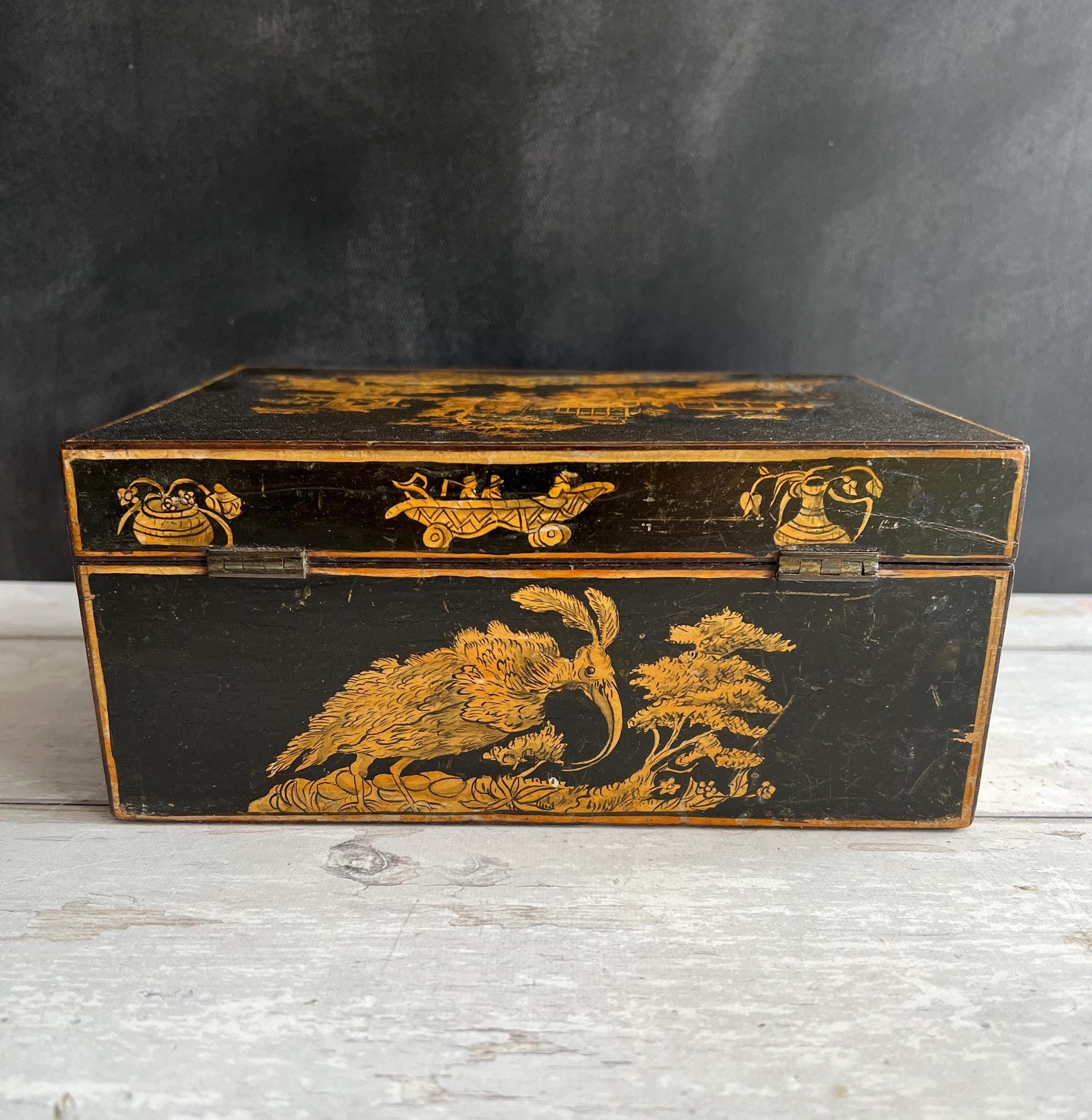 Regency Penwork Box Chinoiserie Lacquered Scene English C 1820