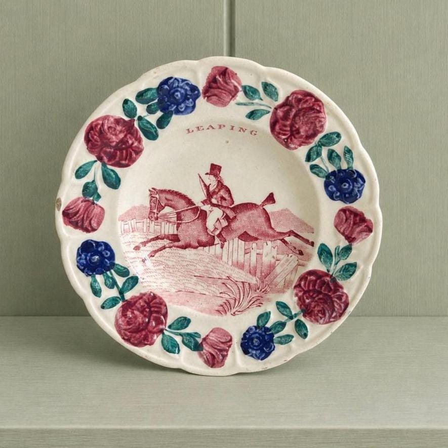 19th Century Childs Nursery Ware Plate Equine Horse Steeplechase Circa 1820 RARE Transferware Point to Point