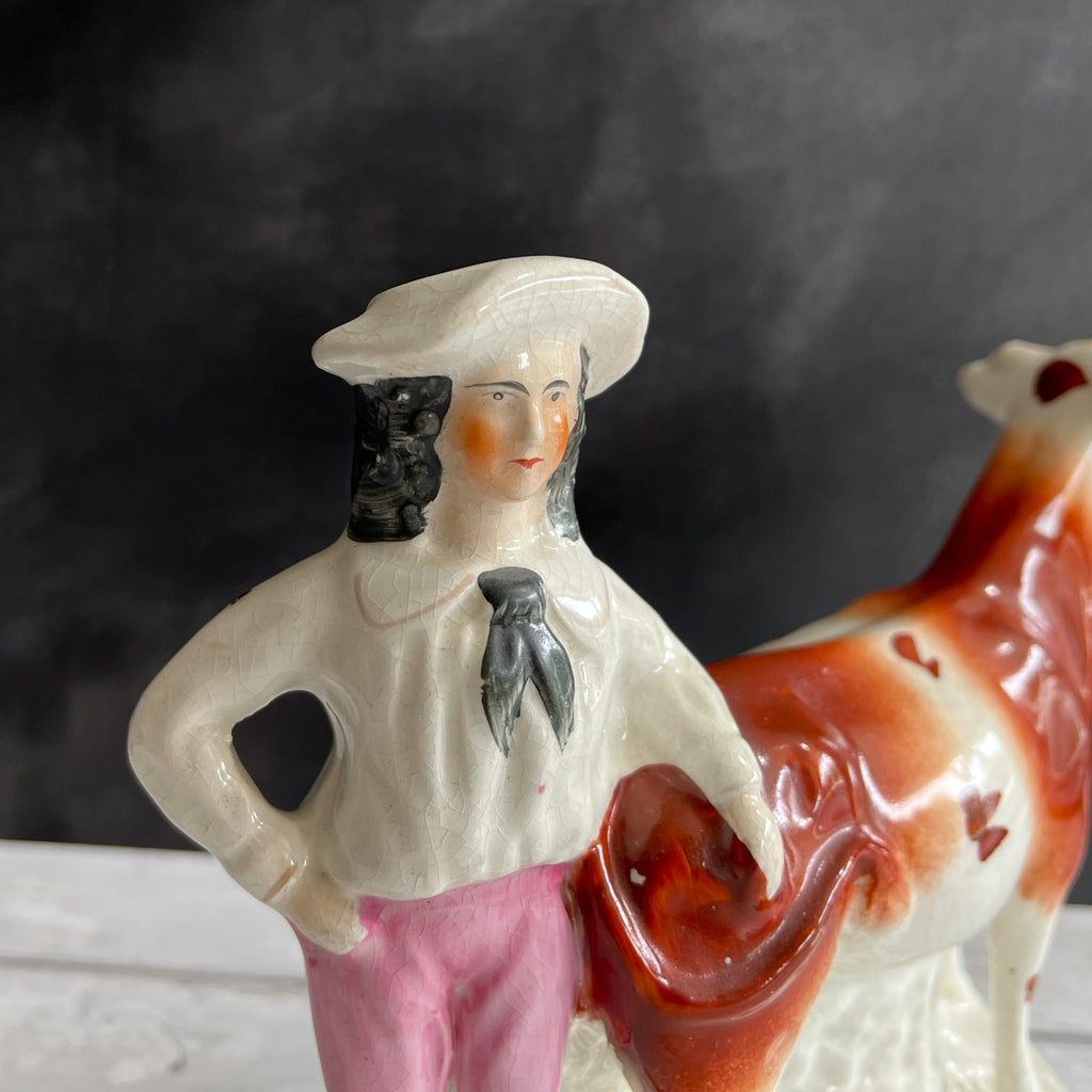 Antique Staffordshire Cow Creamer Farm Girl Aesthetic C 1870 AF
