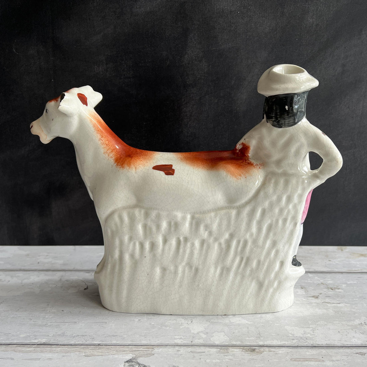 Antique Staffordshire Cow Creamer Farm Girl Aesthetic C 1870 AF
