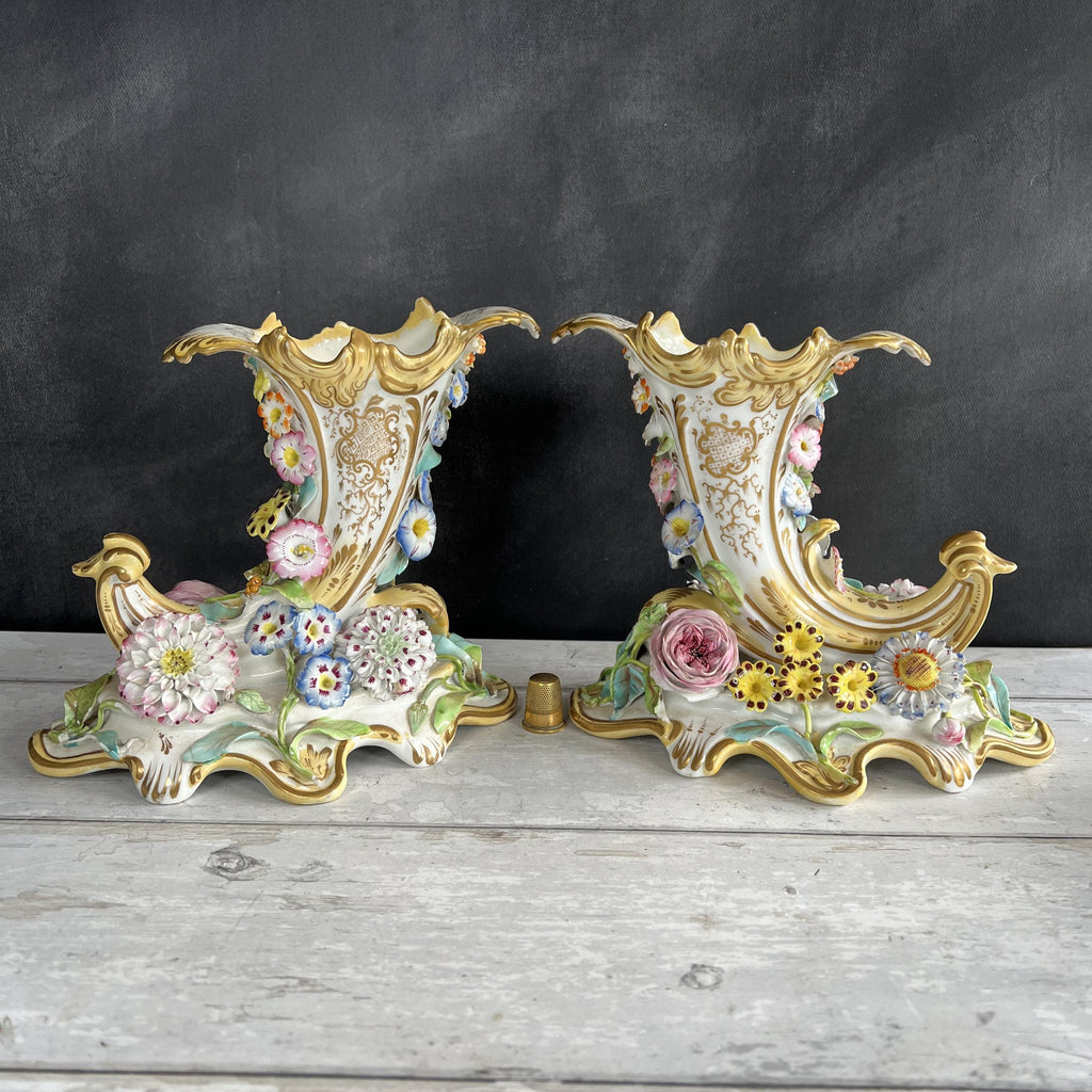 Antique Pair Coalbrookdale Coalport Porcelain Applied Decoration Floral Cornucopia Vases English C 1830 AF