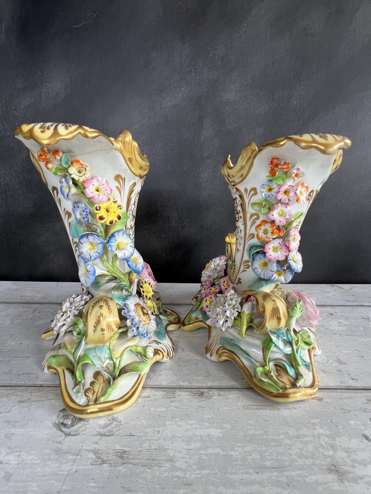 Antique Pair Coalbrookdale Coalport Porcelain Applied Decoration Floral Cornucopia Vases English C 1830 AF