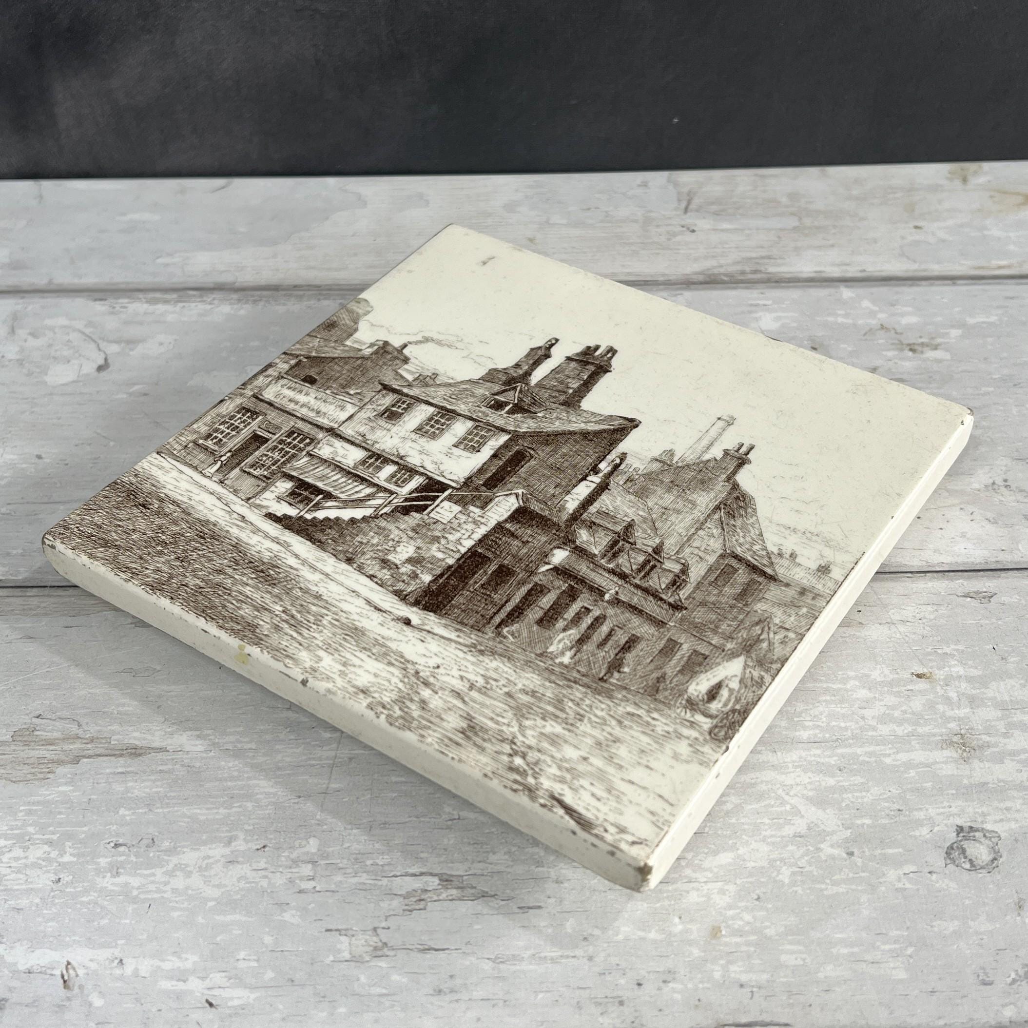 19th Century Victorian Minton Tile Trivet Stand of Old Edinburgh Scotland C 1865