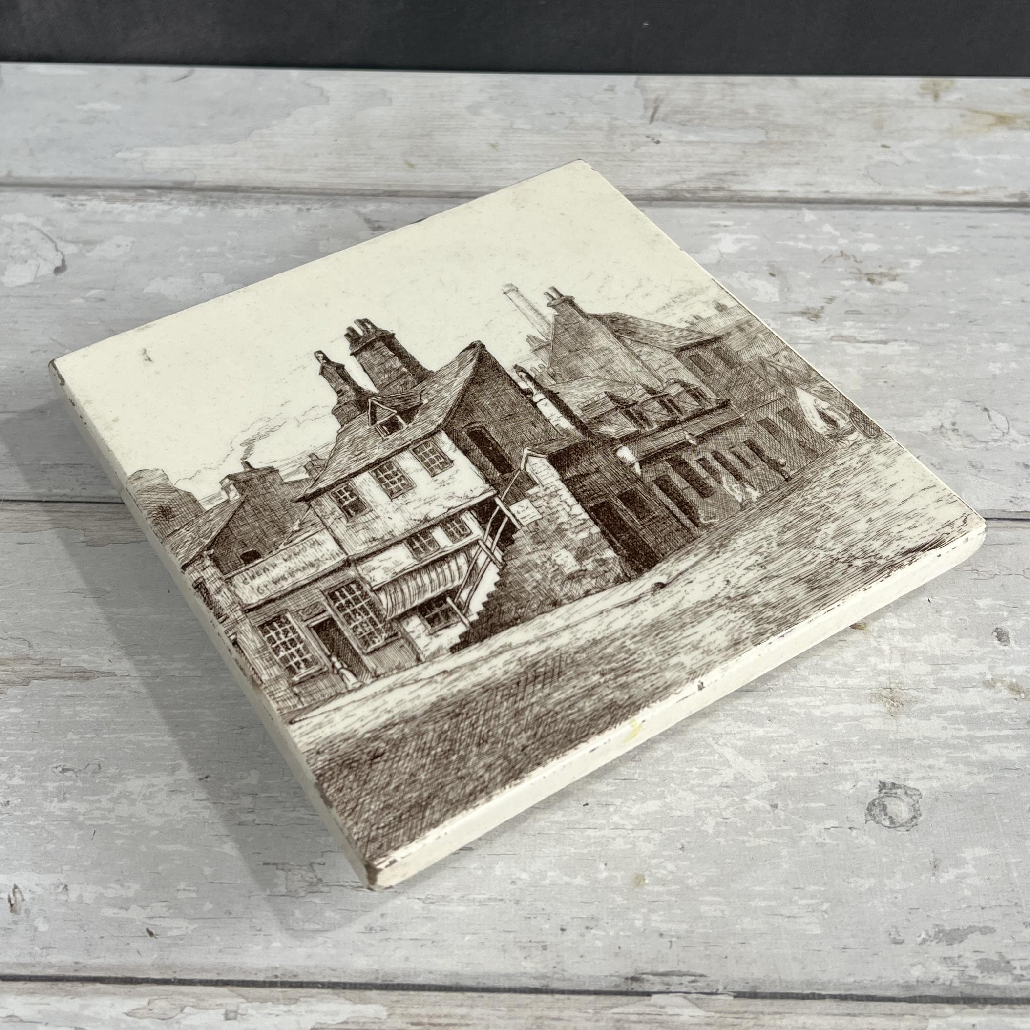 19th Century Victorian Minton Tile Trivet Stand of Old Edinburgh Scotland C 1865