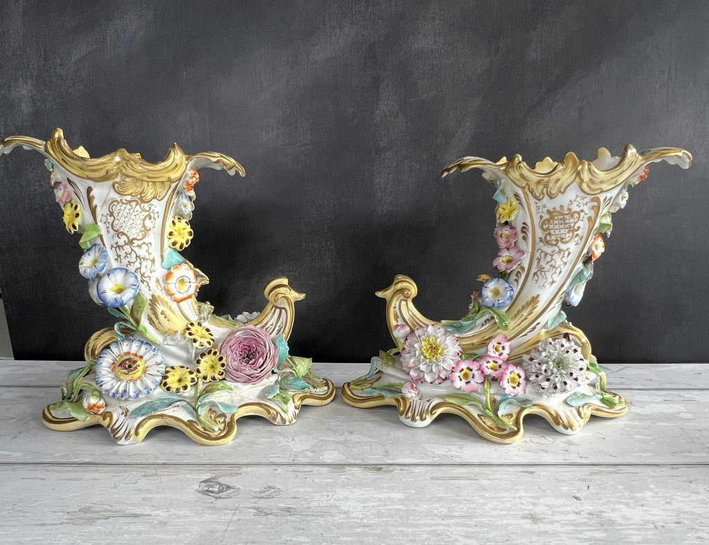 Antique Pair Coalbrookdale Coalport Porcelain Applied Decoration Floral Cornucopia Vases English C 1830 AF