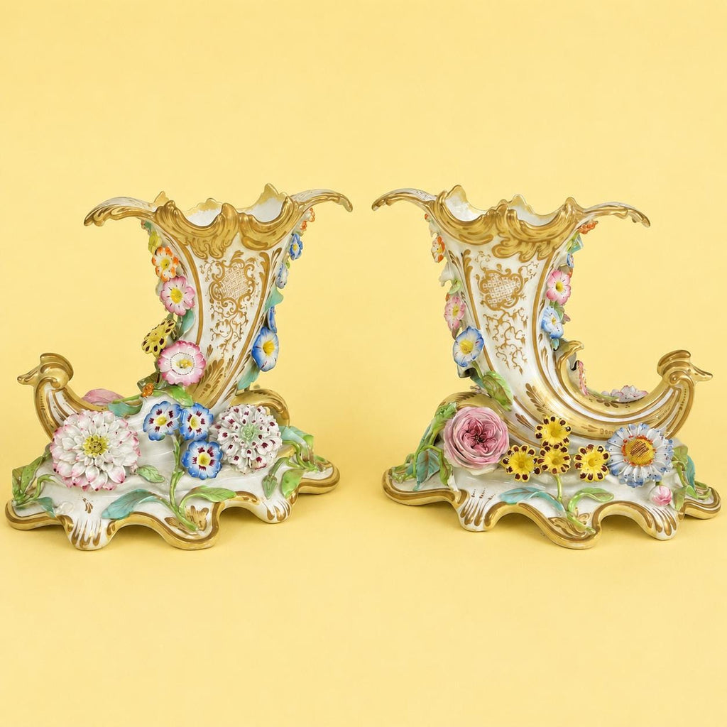 Antique Pair Coalbrookdale Coalport Porcelain Applied Decoration Floral Cornucopia Vases English C 1830 AF