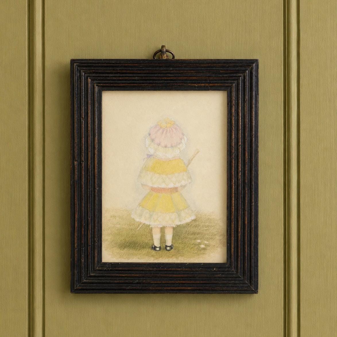 Victorian Portrait Miniature Painting Little Girl with Bonnet and Umbrella Circa 1880