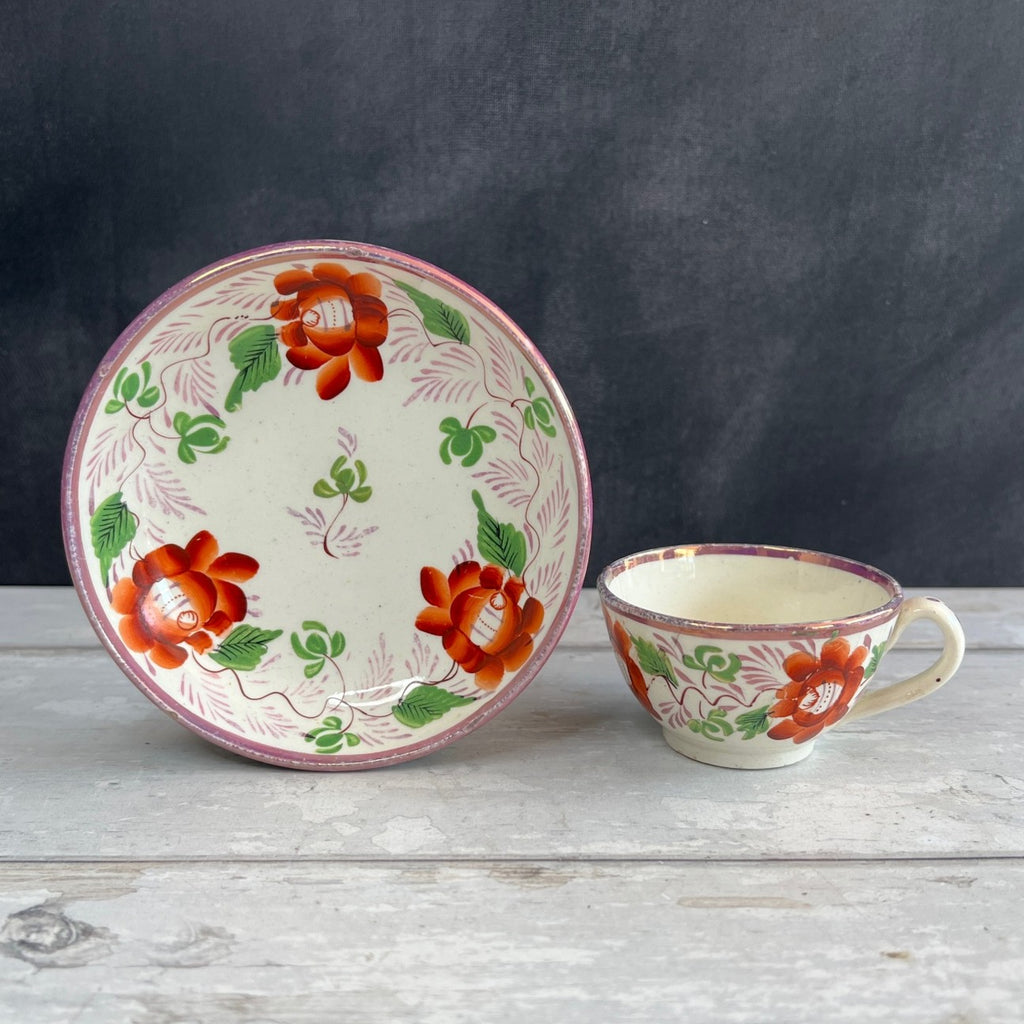 Child's Toy Staffordshire Lustre Luster Cup and Saucer Hand Painted Roses Circa 1820 AF