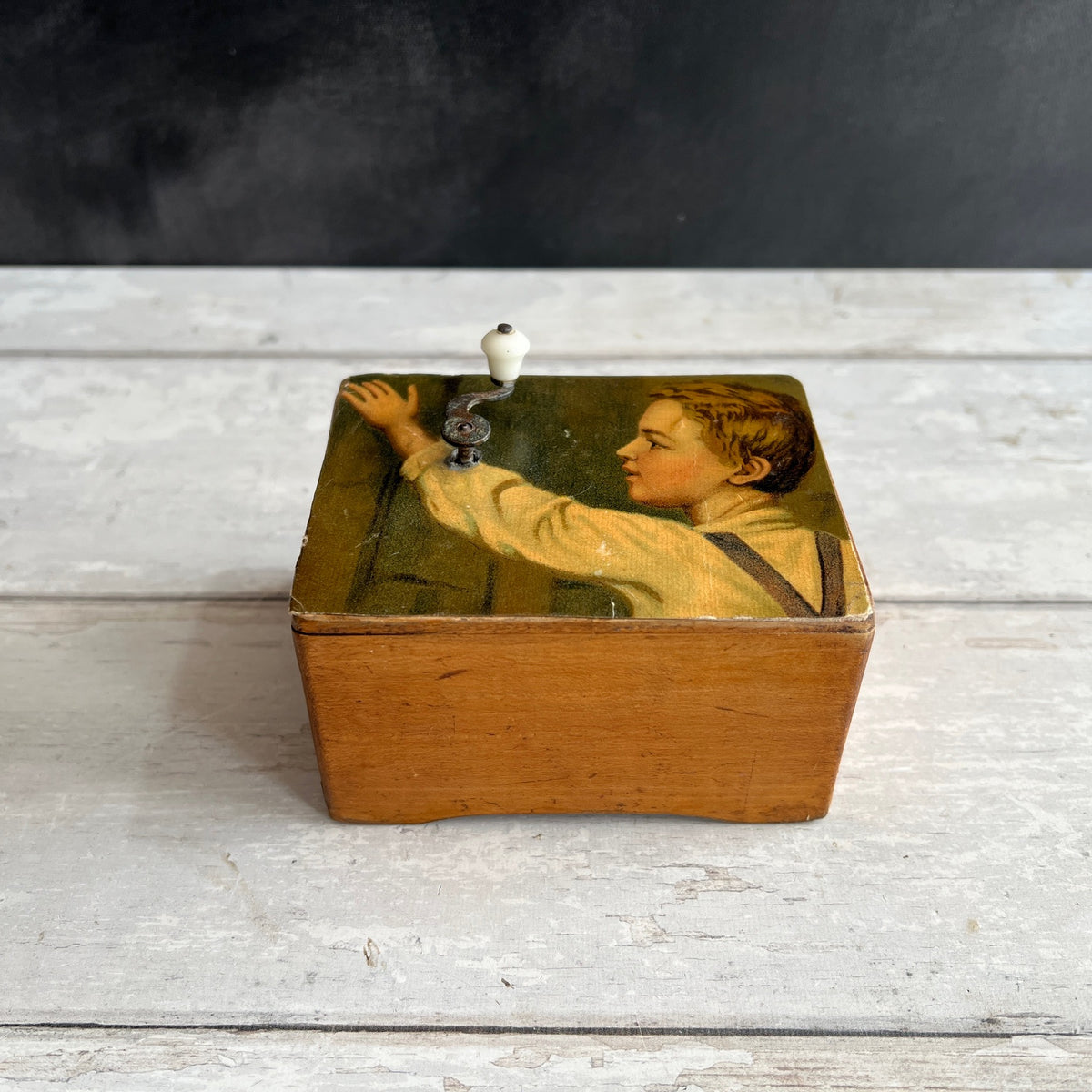 Antique Wooden Music Box Dated 1914 Chromolithograph Young Boy Fully Working