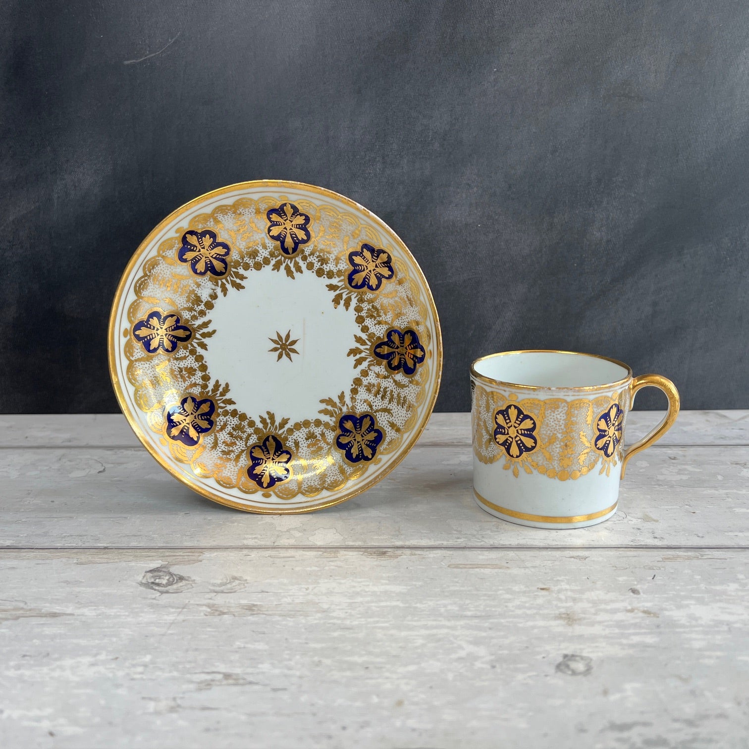Georgian New Hall Coffee Cup and Saucer Cobalt Blue Gold Gilded C 1805