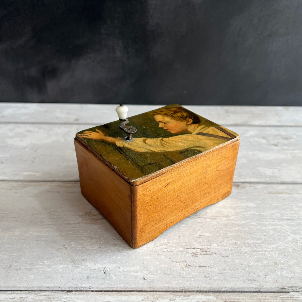Antique Wooden Music Box Dated 1914 Chromolithograph Young Boy Fully Working