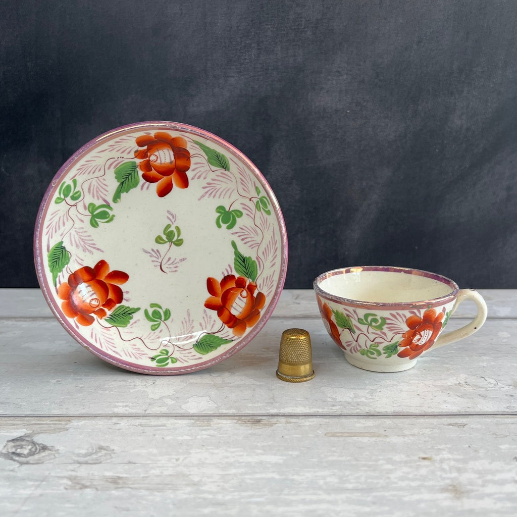 Child's Toy Staffordshire Lustre Luster Cup and Saucer Hand Painted Roses Circa 1820 AF