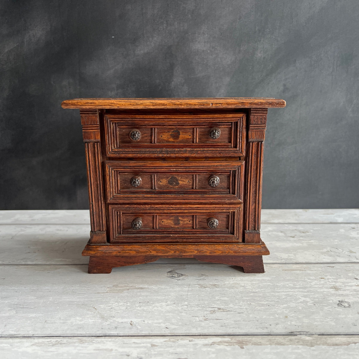 Antique Miniature Oak Chest of Drawers Jacobean Style Doll Size