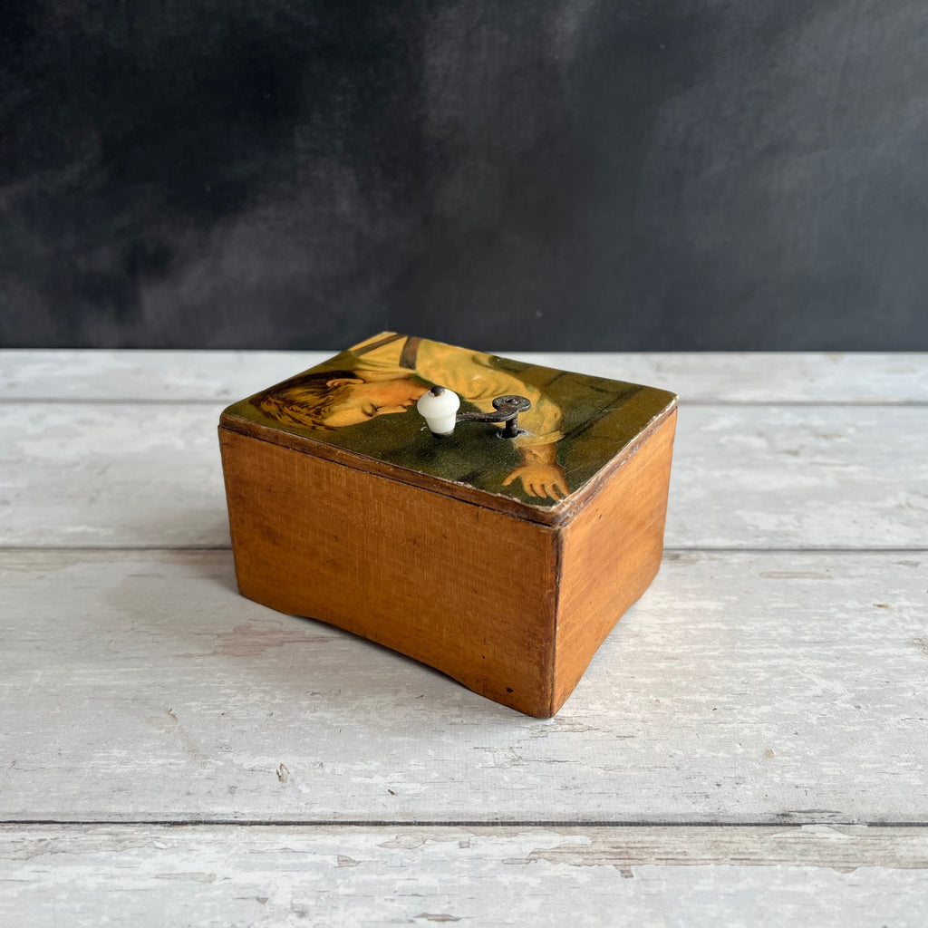 Antique Wooden Music Box Dated 1914 Chromolithograph Young Boy Fully Working