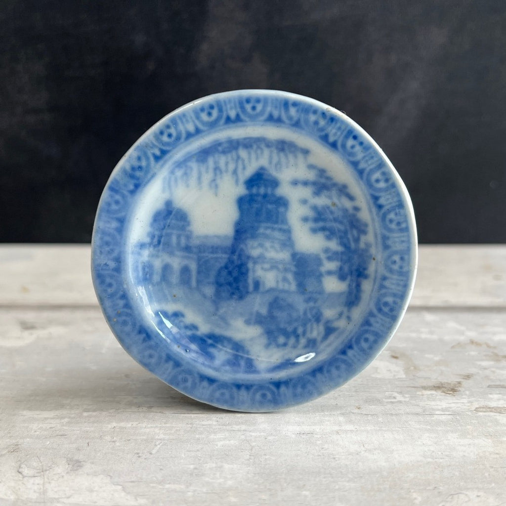 Antique Miniature Dolls Plate Blue and White Temple Ruins Pattern English Circa 1830