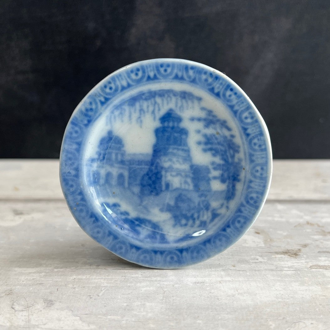 Antique Miniature Dolls Plate Blue and White Temple Ruins Pattern English Circa 1830