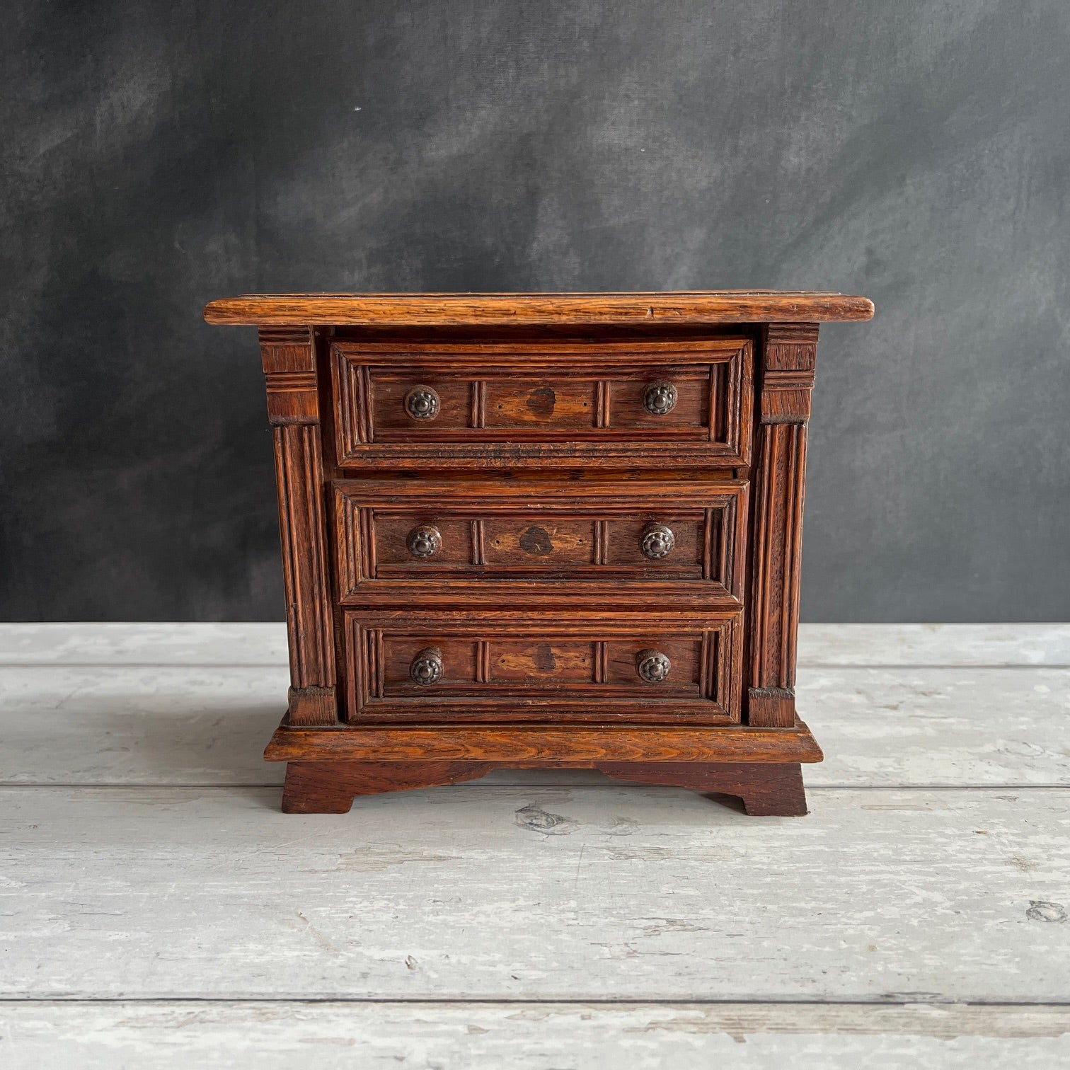 Antique Miniature Oak Chest of Drawers Jacobean Style Doll Size
