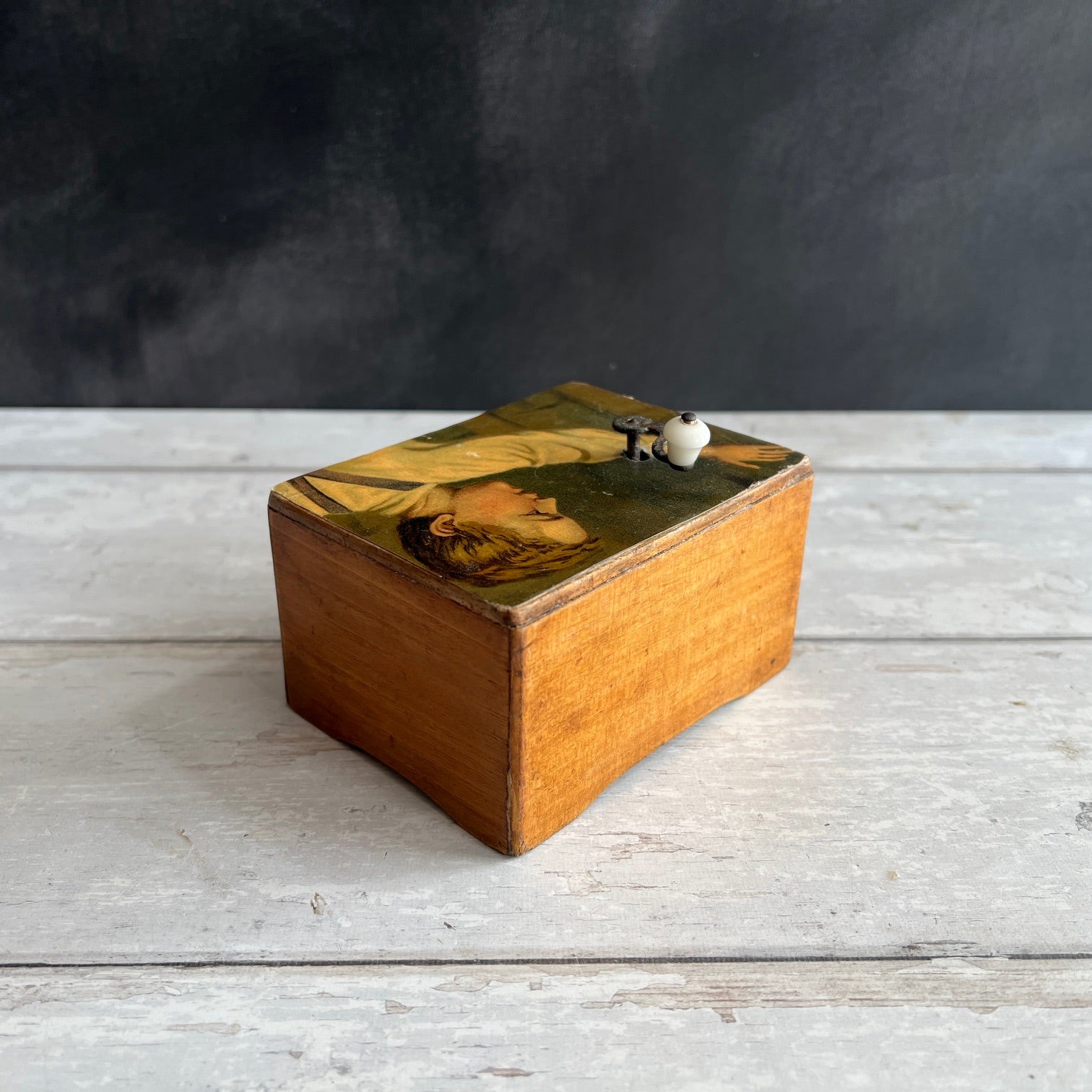 Antique Wooden Music Box Dated 1914 Chromolithograph Young Boy Fully Working