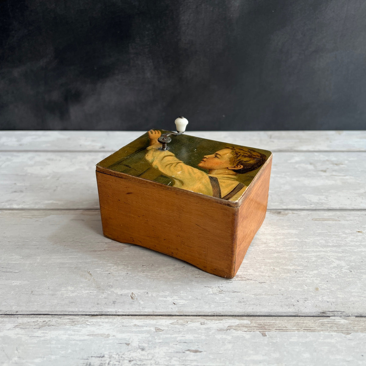 Antique Wooden Music Box Dated 1914 Chromolithograph Young Boy Fully Working