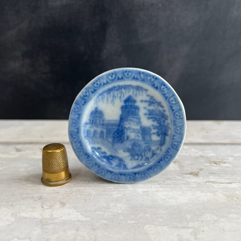 Antique Miniature Dolls Plate Blue and White Temple Ruins Pattern English Circa 1830