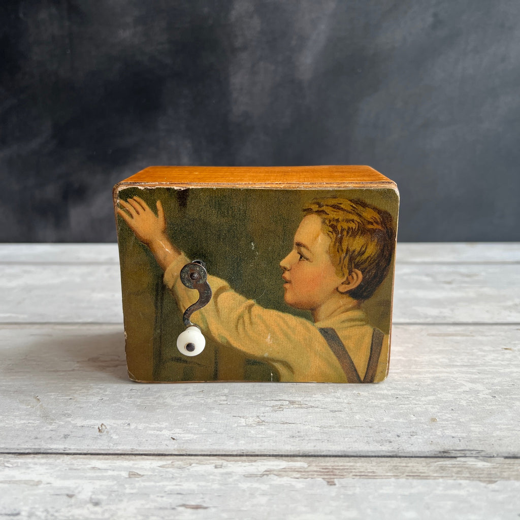 Antique Wooden Music Box Dated 1914 Chromolithograph Young Boy Fully Working