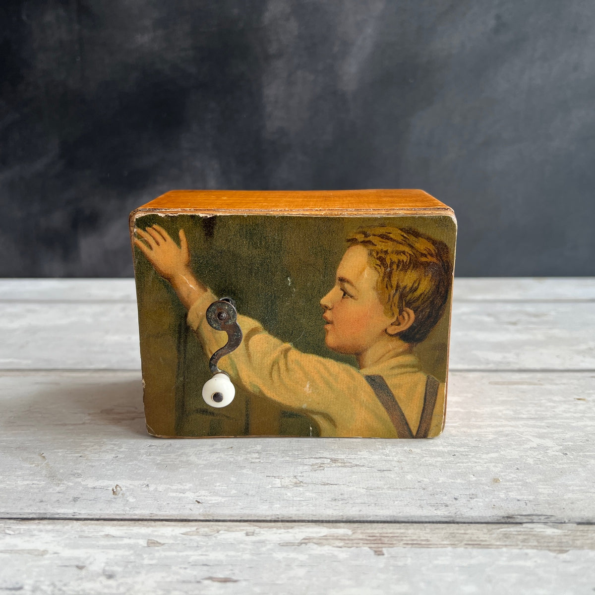 Antique Wooden Music Box Dated 1914 Chromolithograph Young Boy Fully Working