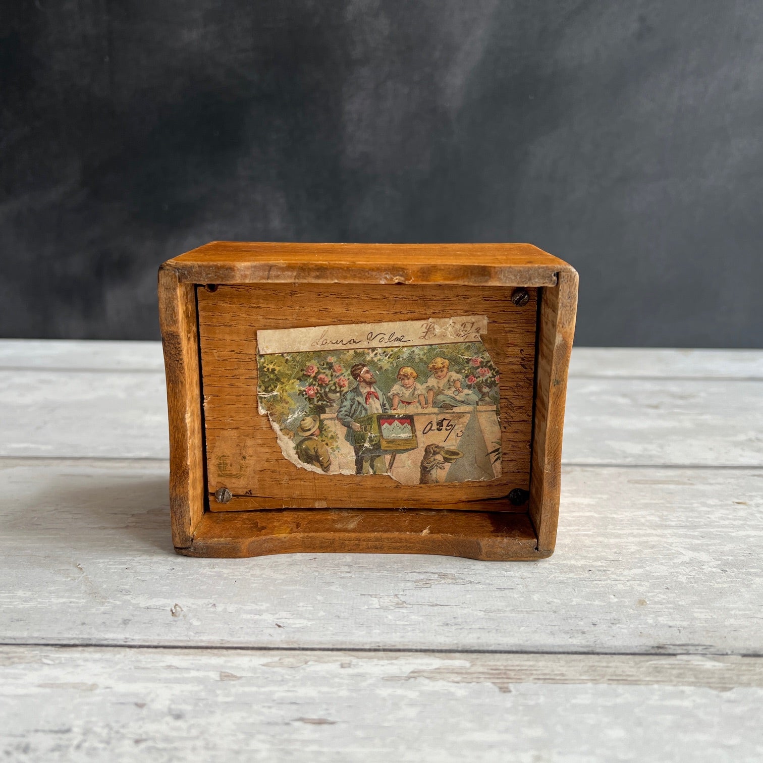Antique Wooden Music Box Dated 1914 Chromolithograph Young Boy Fully Working