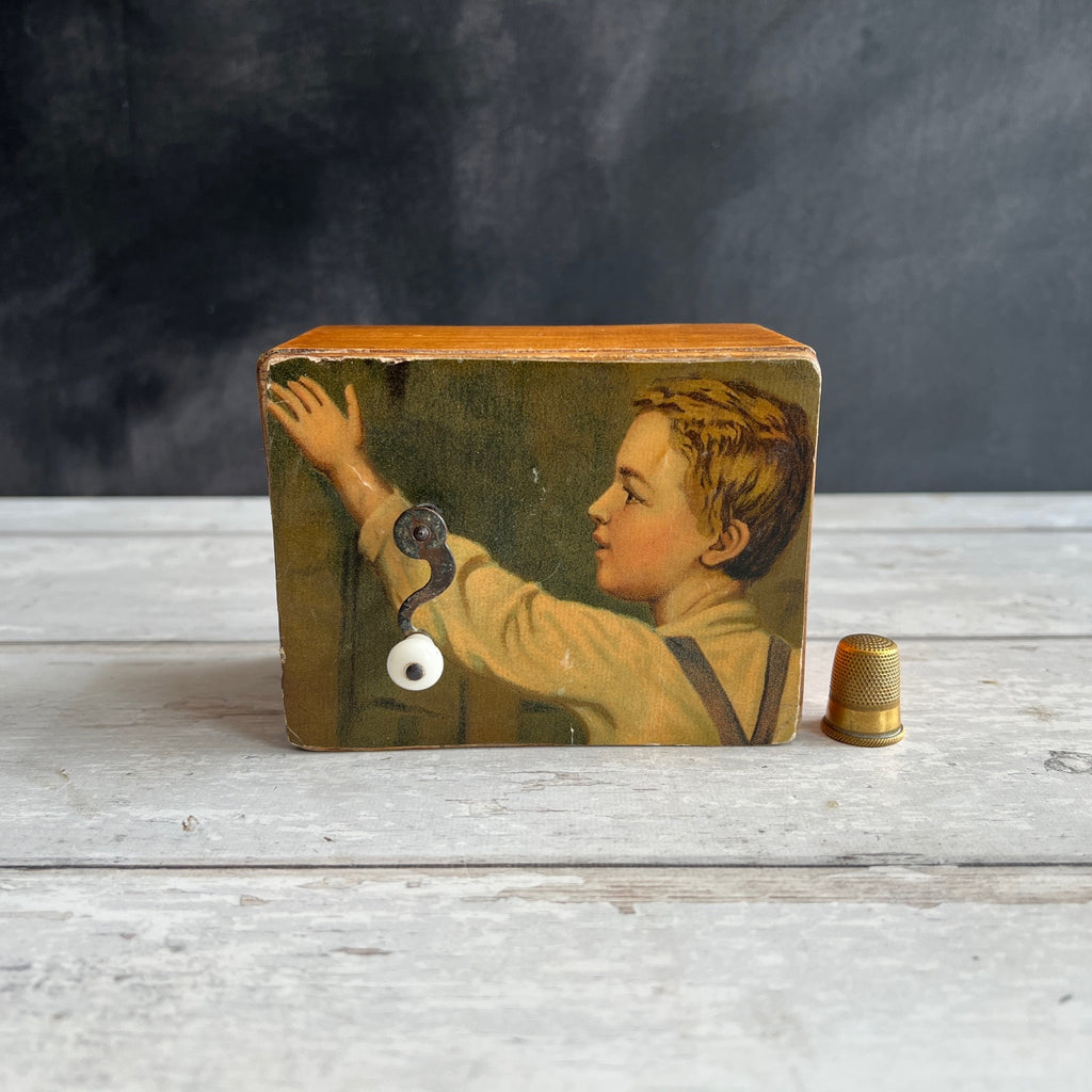 Antique Wooden Music Box Dated 1914 Chromolithograph Young Boy Fully Working