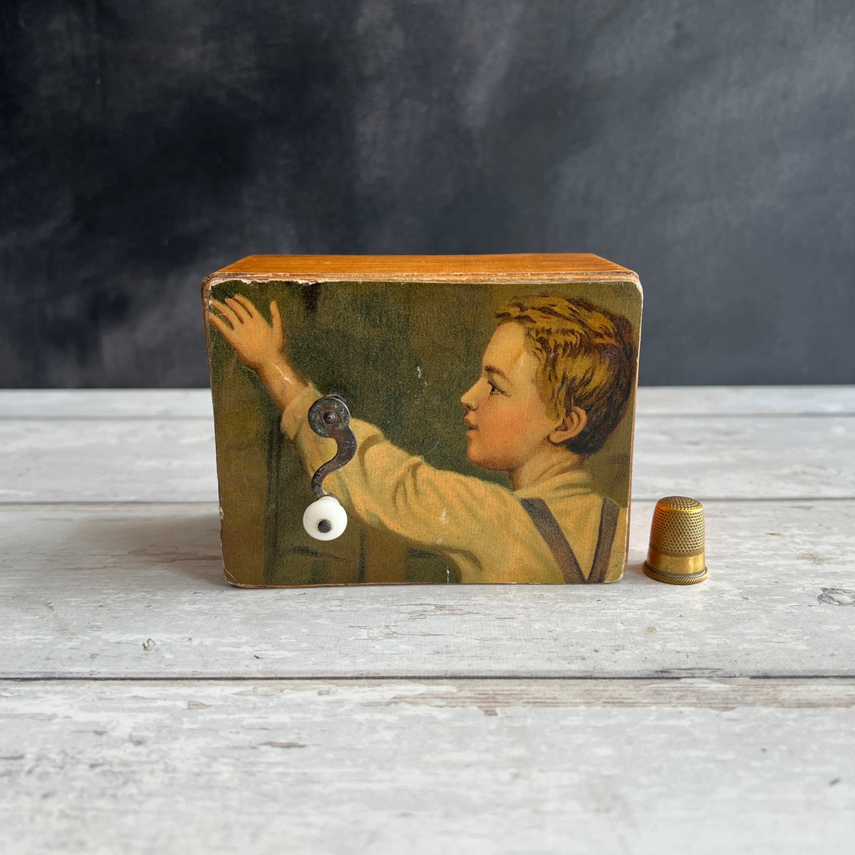 Antique Wooden Music Box Dated 1914 Chromolithograph Young Boy Fully Working